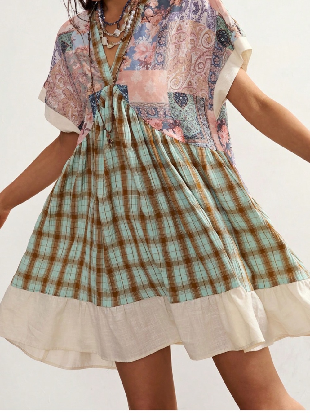 Boho Floral Plaid Print V neck Short Sleeve Dress - Picture 4 of 6